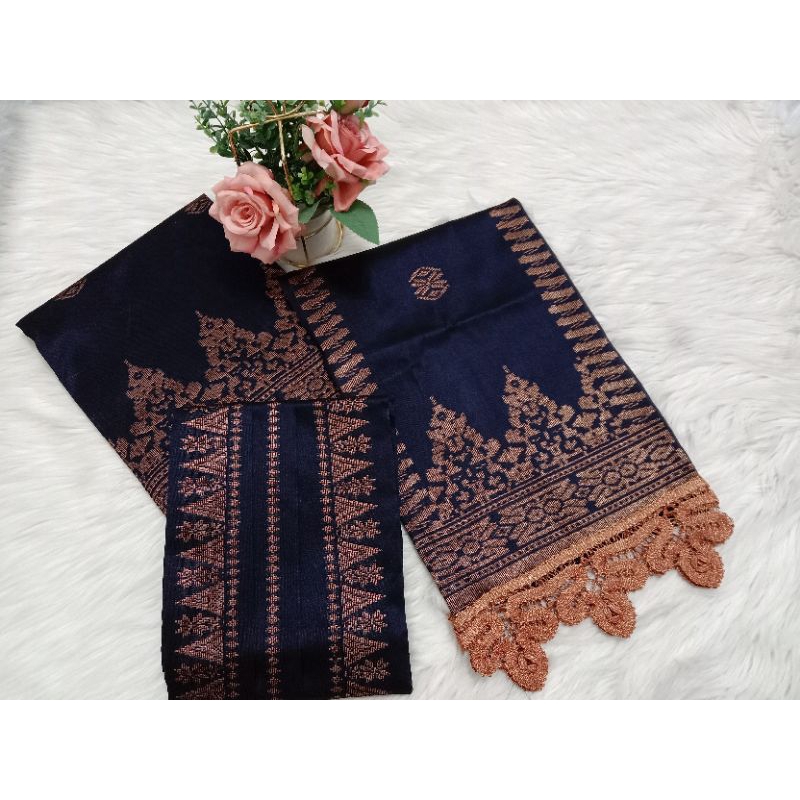 songket silungkang set couple navy tembaga siap pakai kemeja pria dan rok