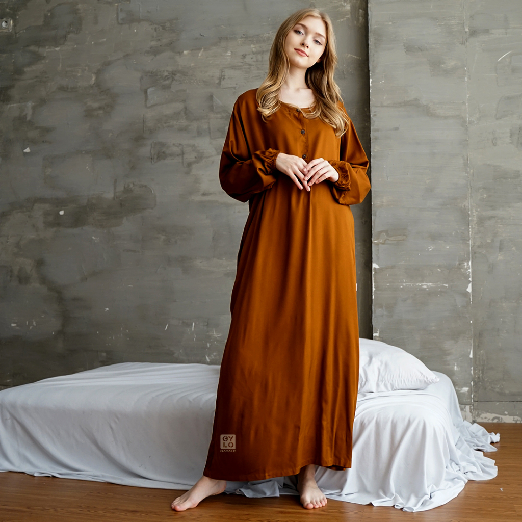 Caramel - Daster Gamis Lengan Panjang Bahan Rayon Uniqlo Premium Baju Tidur Wanita Longdress Panjang
