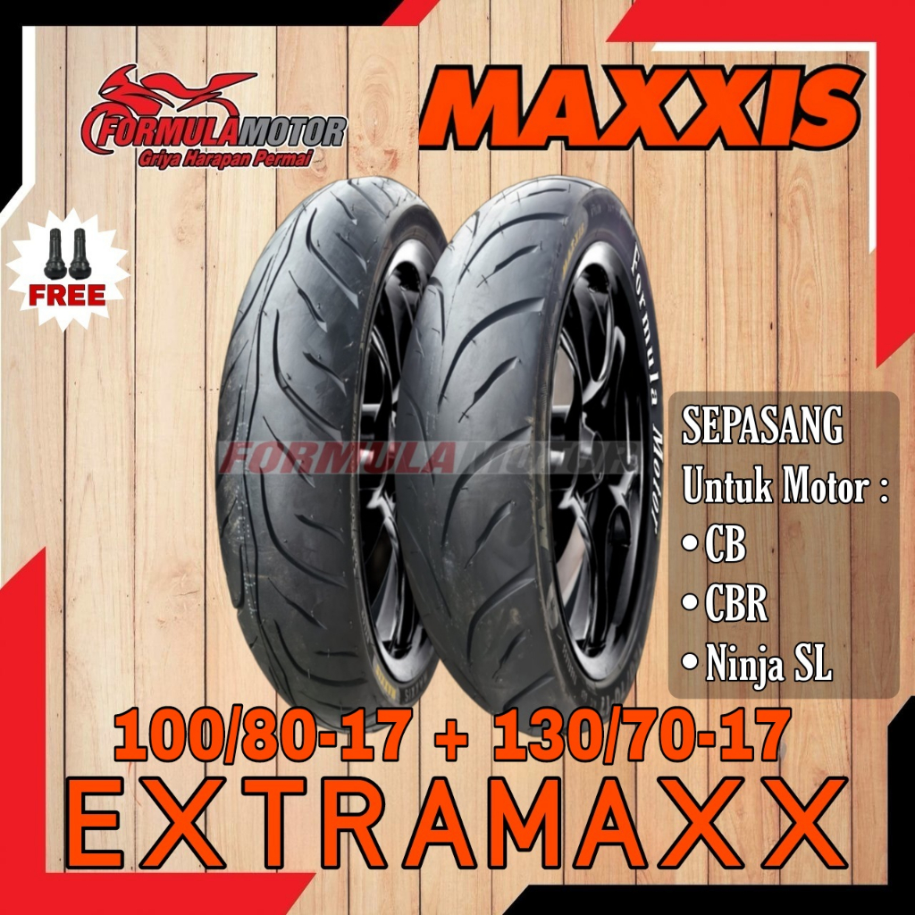 100/80-17 + 120/70-17 Ban Maxxis Extramaxx Ring 17 Tubeless (Sport Touring) Sepasang Ban Motor Byson, Tracker Tubles