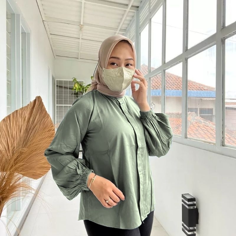 ATASAN KEMEJA BLOUSE WANITA POLOS KERAH SHANGHAI TANGAN KARET RAYON TWILL PREMIUM SIZE S, M, L, XL