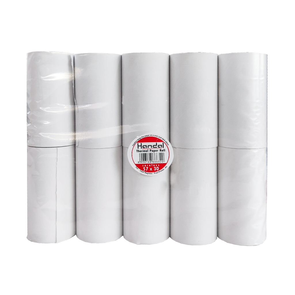 

Kertas Thermal Kasir 57x30 Coreless HANDAL Tanpa Bungkus 10 Roll - 14001-TB