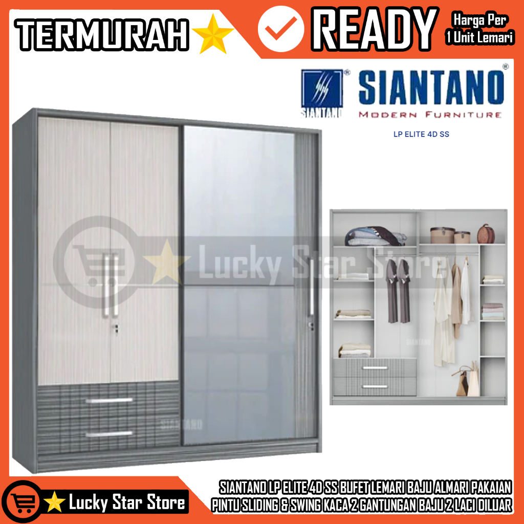 [Kargo] Siantano Lp Elite 4d Ss Bufet Lemari Baju Almari Pakaian  3 Pintu Sliding & Swing Kaca 2 Gan