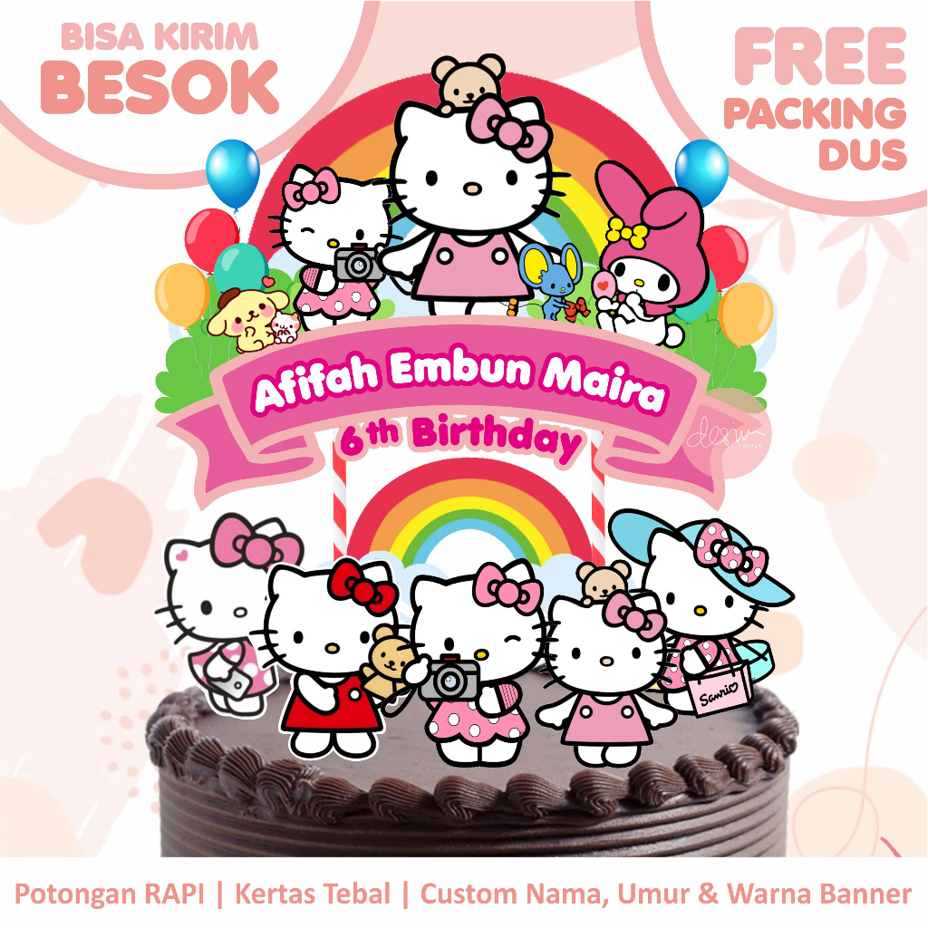 Cake Topper Hello Kitty (Custom Nama & Umur) FREE PACKING DUS