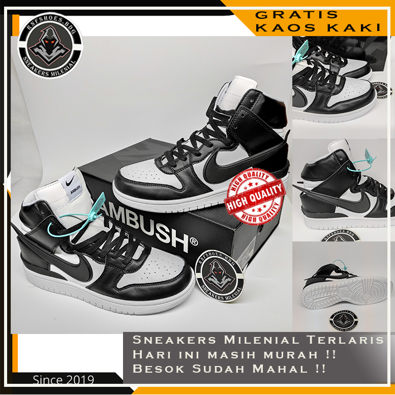Sepatu Sneakers Pria N*1*K*E DUNK X A*mbush Dunk High Black White Size 37-44 Made In Vietnam Sneaker