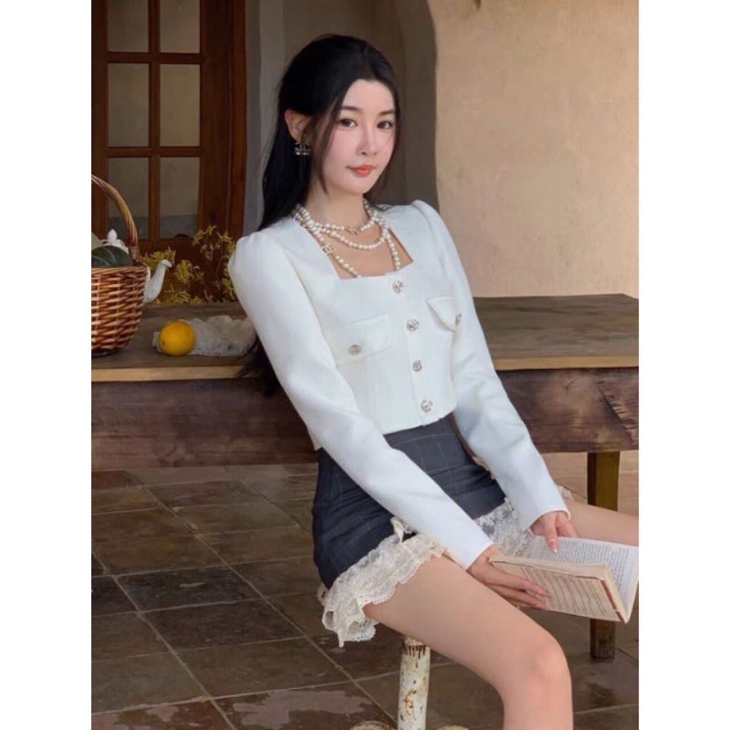 QUEEN SAKURA - Q3798B - KANNY ELEGANT TWEED CROP BLAZER IMPORT - CROP BLAZER TWEED CASUAL KOREA WANI