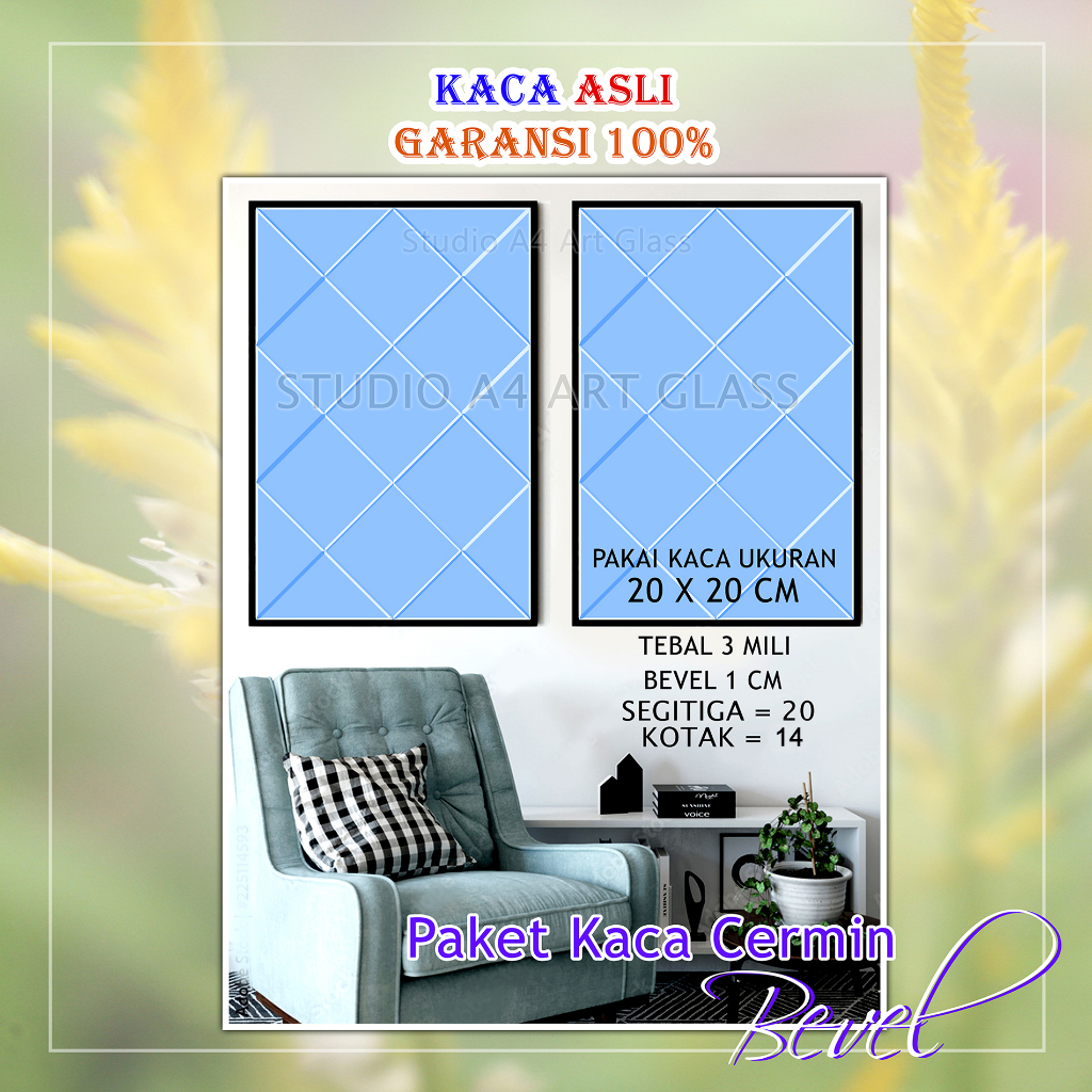 CERMIN KACA BEVEL 34 BIJI TEBAL 3 MILI bevel 1 cm-kaca estetik-kaca moulding-kaca hias-kaca dinding-