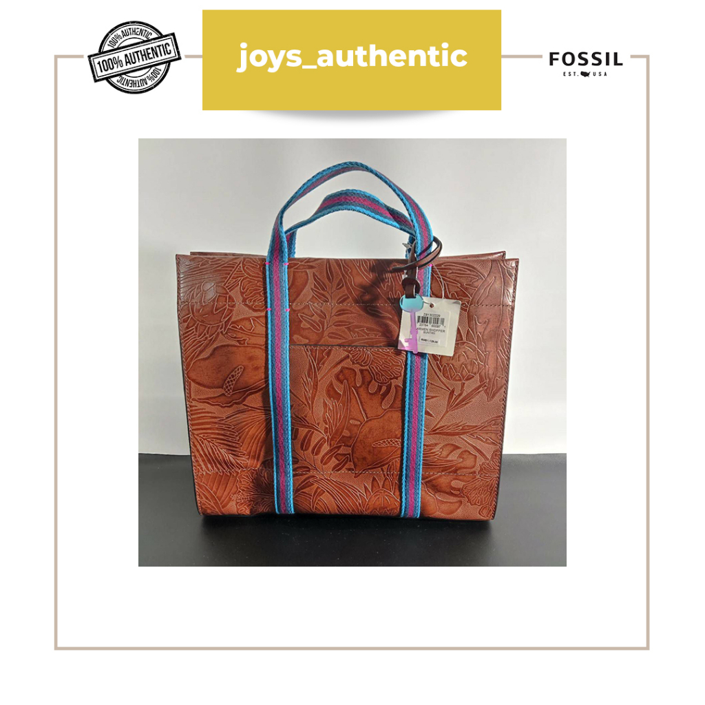 Tas wanita fossil carmen shopper suntan coklat brown emboss woman bag authentic original