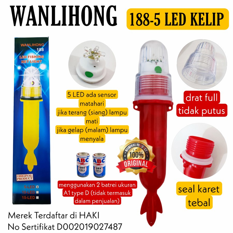 LAMPU TORPEDO NELAYAN 5 LED 2 BATERAI - LAMPU SINYAL KAPAL LAMPU JARING 1 WARNA WANLIHONG ORIGINAL