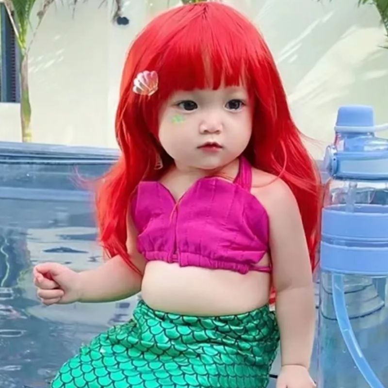 WIG RAMBUT PALSU BAYI ANAK MODEL PANJANG LURUS WARNA HITAM POLOS BLONDE MERAH TERANG BERPONI BAHAN S