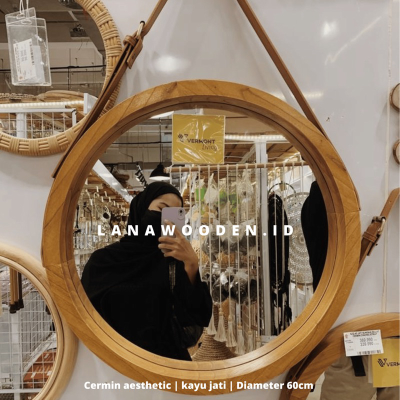 cermin bulat aesthetic kayu jati solid berkualitas ketebalan kayu 2.5 cm produk asli Jepara cermin d