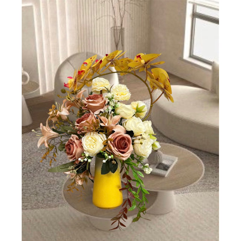 Rangkaian Bunga artificial Premium + Vas keramik /bunga meja/ dekorasi ruangan