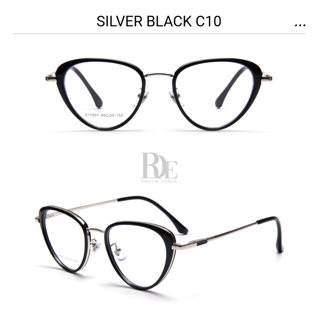 Robins kacamata Butterfly Anti Radiasi Komputer Frame Kacamata Bisa Minus Photocromic Bluecromic Fashion Wanita Terbaru S11931-Black Silver