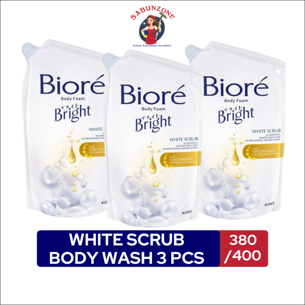 Paket Murah Sabun Mandi Cair Biore Body Foam Bright White Scrub 400 / 380 ml  Natural Scrub Japan Bright Micellar x3