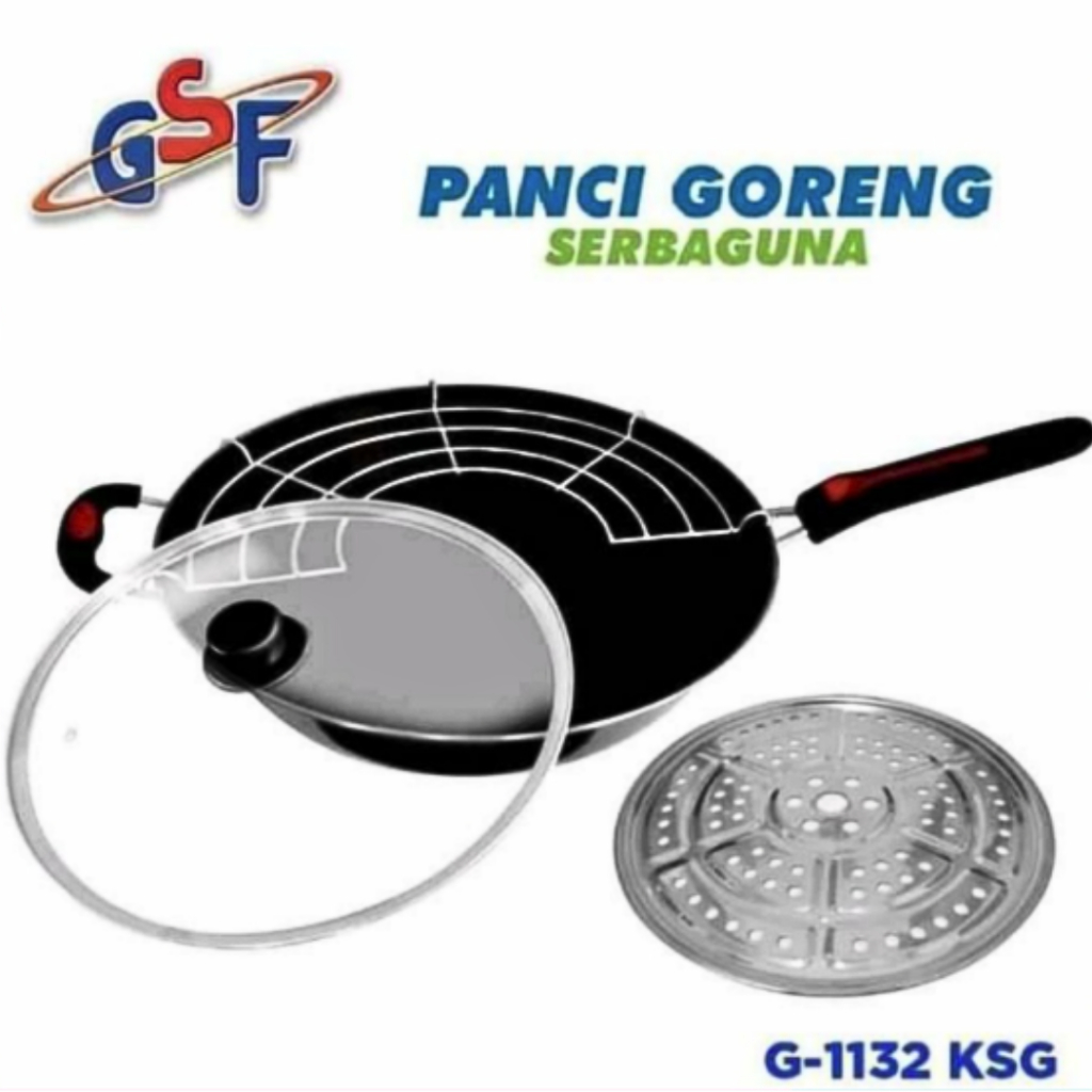 GSF Panci / Wajan Goreng Enamel Anti Lengket Tutup Kaca + Tirisan Minyak + Kukusan | G-1132