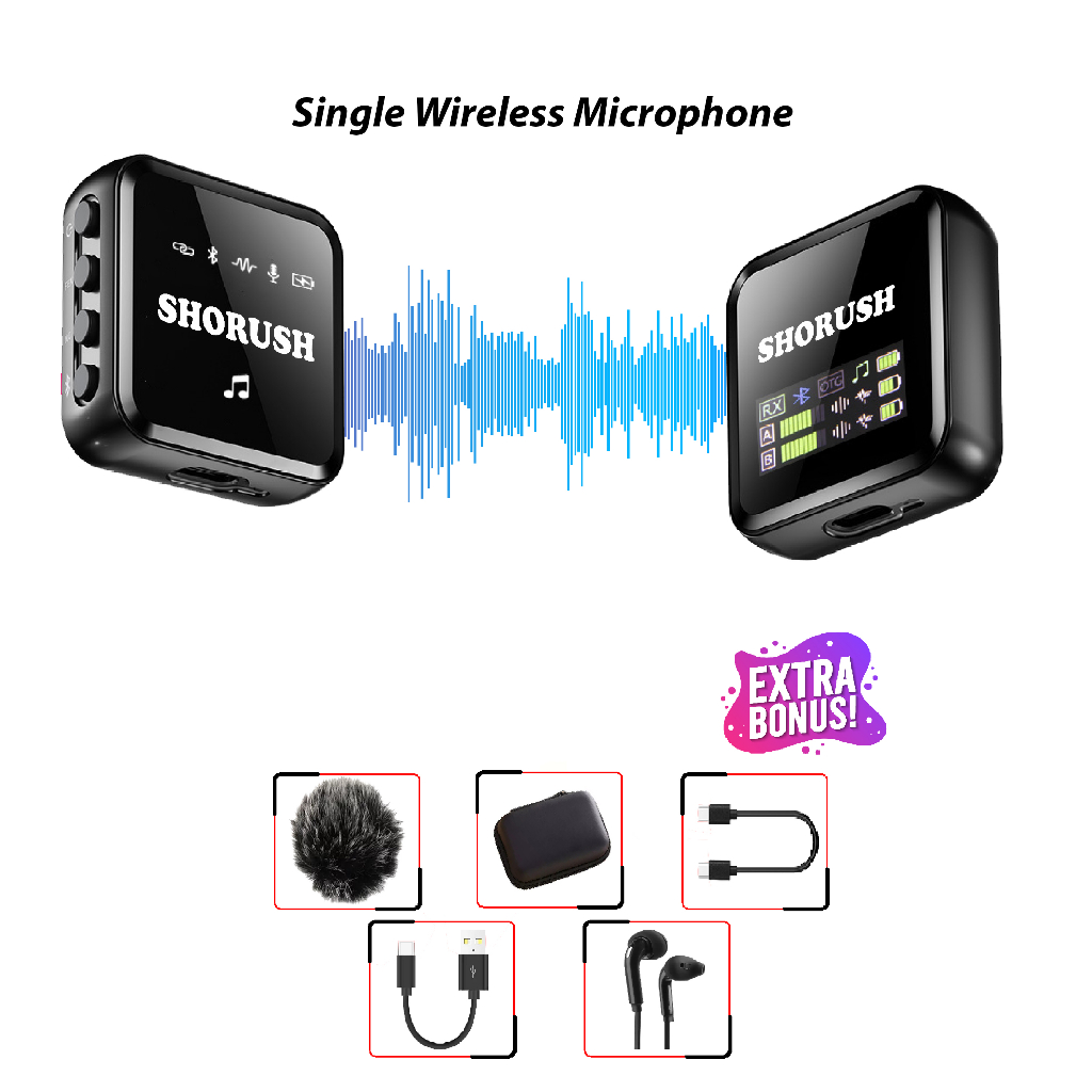 Shorush N7 New Led Display Microphone Mic Clip On Wireless Type C Android UHF VLOG Untuk Camera Miro