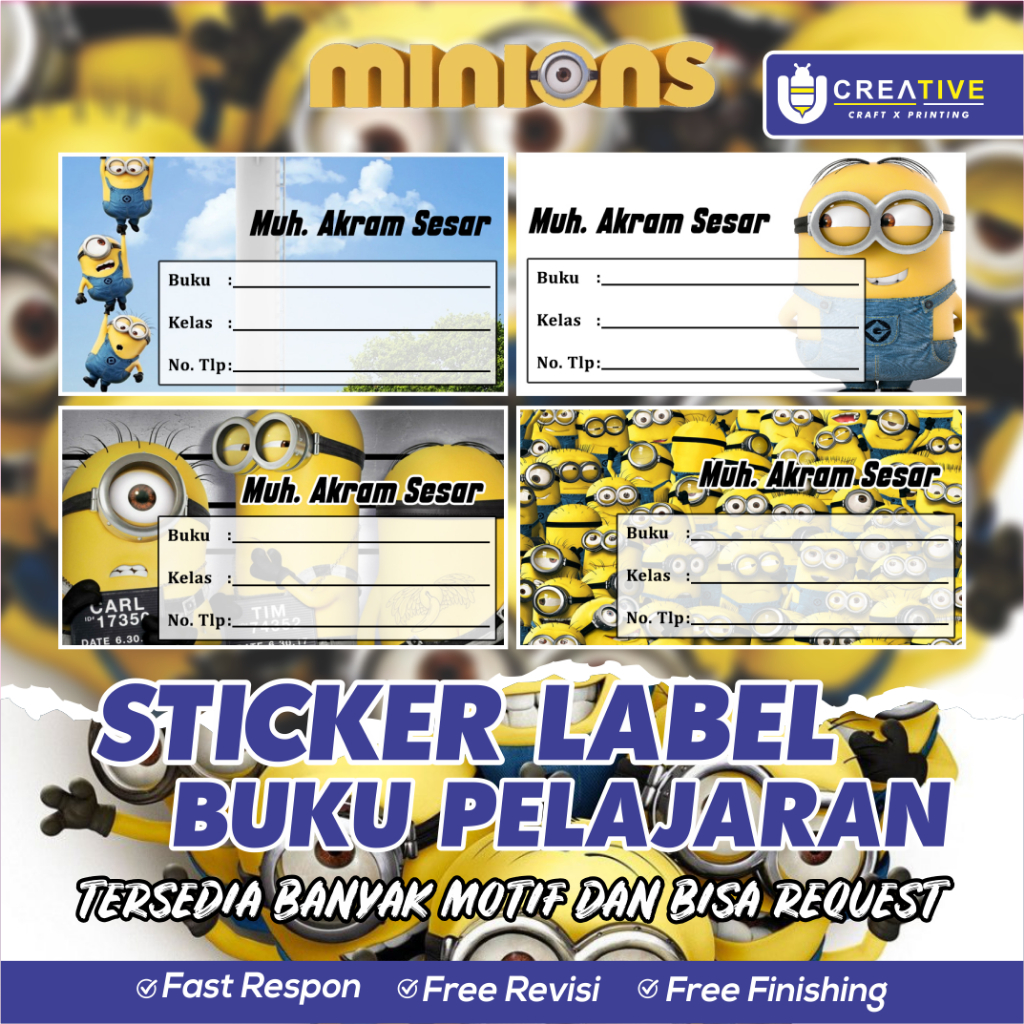 

Sticker / Label Buku Pelajaran Bisa Custom Nama (Isi 20pcs) Tema Minions