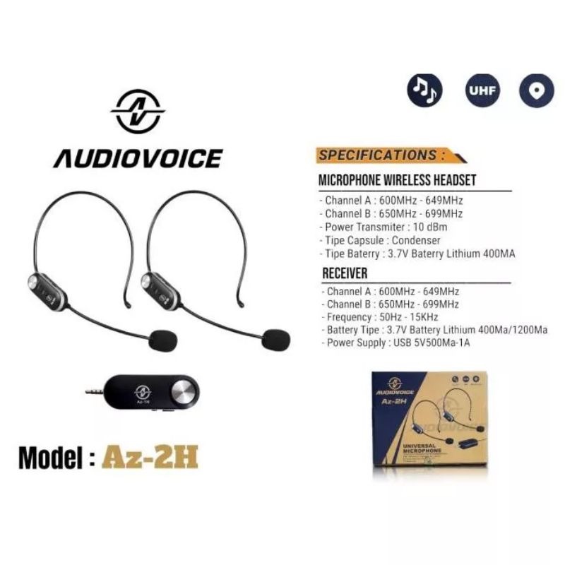 Mic Wireless AUDIOVOICE AZ-2H AZ 2H 2 Mic Headset / Bando By. HARDWELL Original TERBAIK