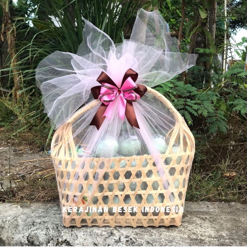 

TAS HAMPERS HANTARAN Tas belanja 30x15 natural tille dan pita Hampers cantik Parsel murah Hantaran Seserahan Kado natal imlek lebaran