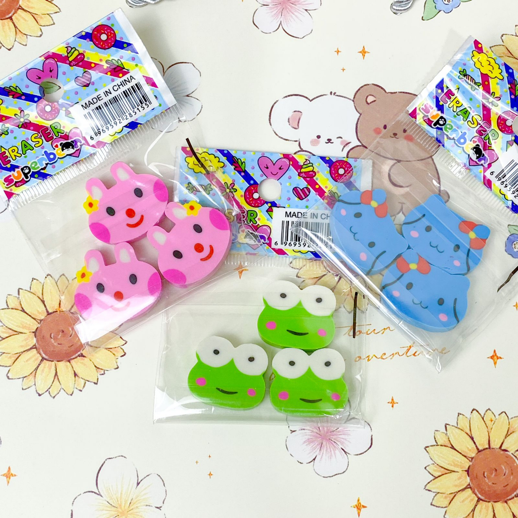 Set 3 Pcs Penghapus Karet / Rubber Eraser Karakter Kartun Kodok Kelinci Sanrio Hello Kitty Biru My Melody Keroppi Frog Kelinci Kucing Anjing Mini Alat Tulis ATK Grosir Lucu Hadiah Kado Bingkisan Grosir Ready COD