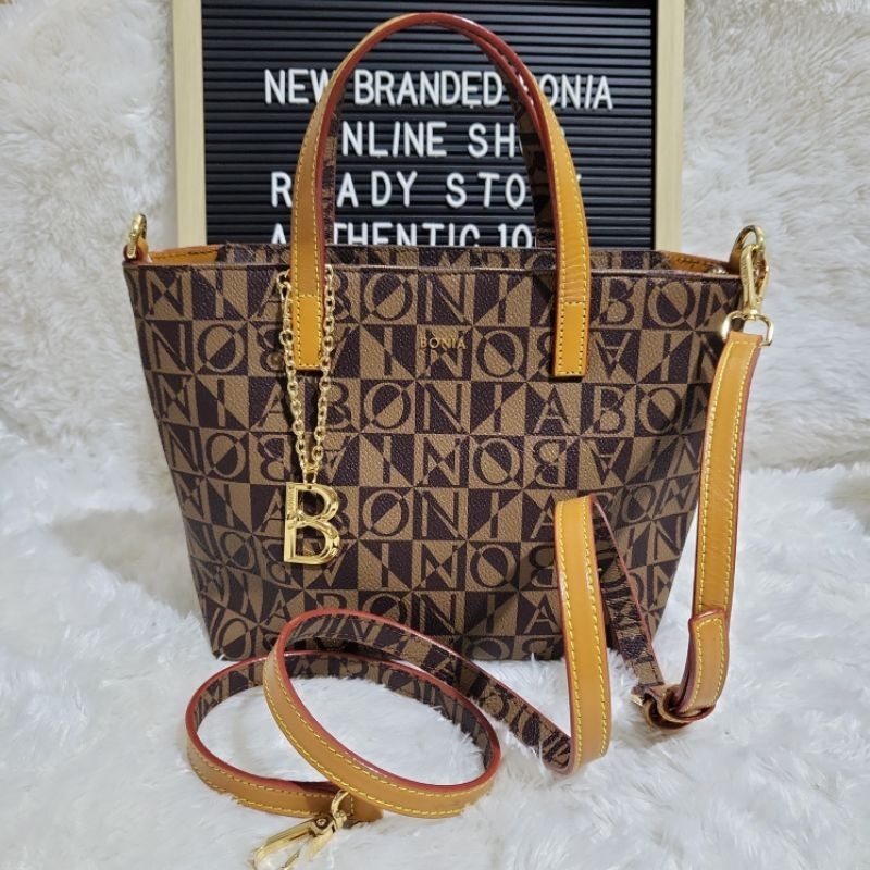 tas bonia original sling tote bag monogram coklat - S