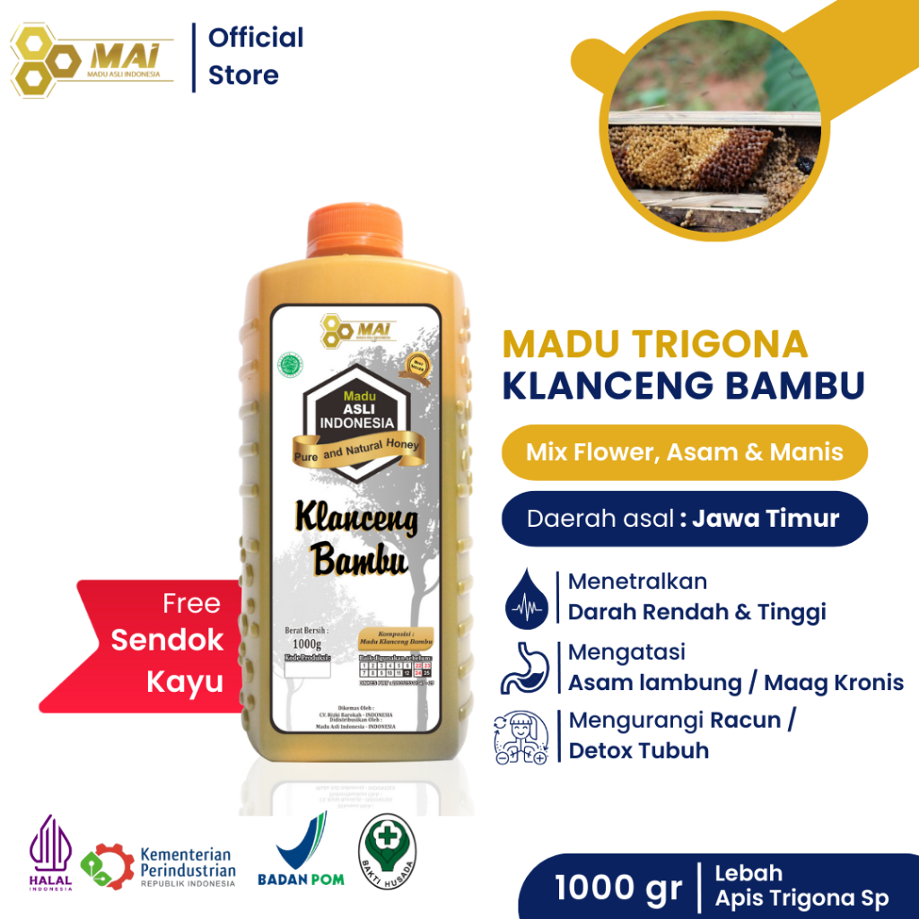 

MAI | Madu Klanceng Bambu / bamboo kemasan 1kg/ Lebah Apis Trigona - Madu Asli Indonesia - madu asli tanpa campuran 1 kg | 100% tanpa campuran