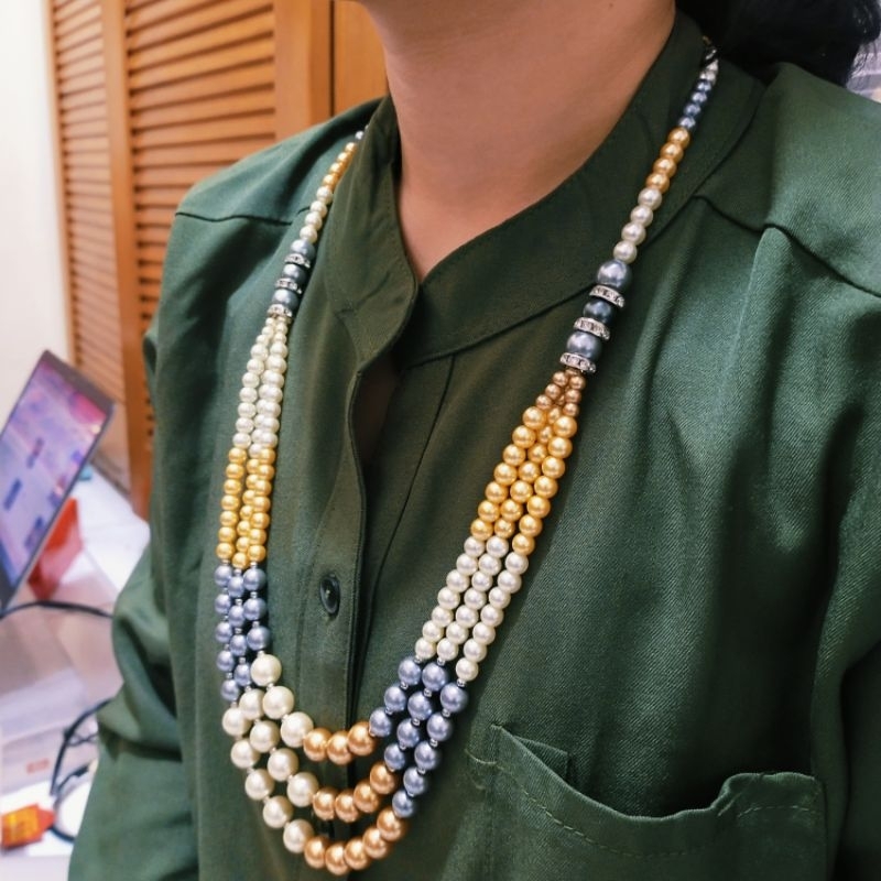 Kalung Mutiara Susun Tiga / Kalung Hijab / Kalung fashion Muslim Panjang 70 cm