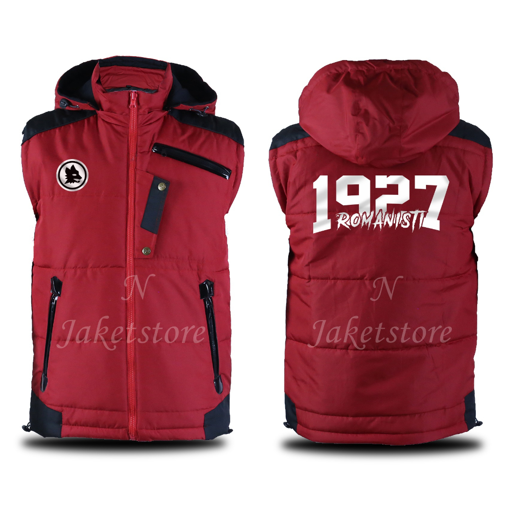 Jaket Rompi Body Vest Berlogo AS Roma 1927 Bahan Tebal Premium Hoodie Bisa Lepas Pasang ROMPI PUFFER