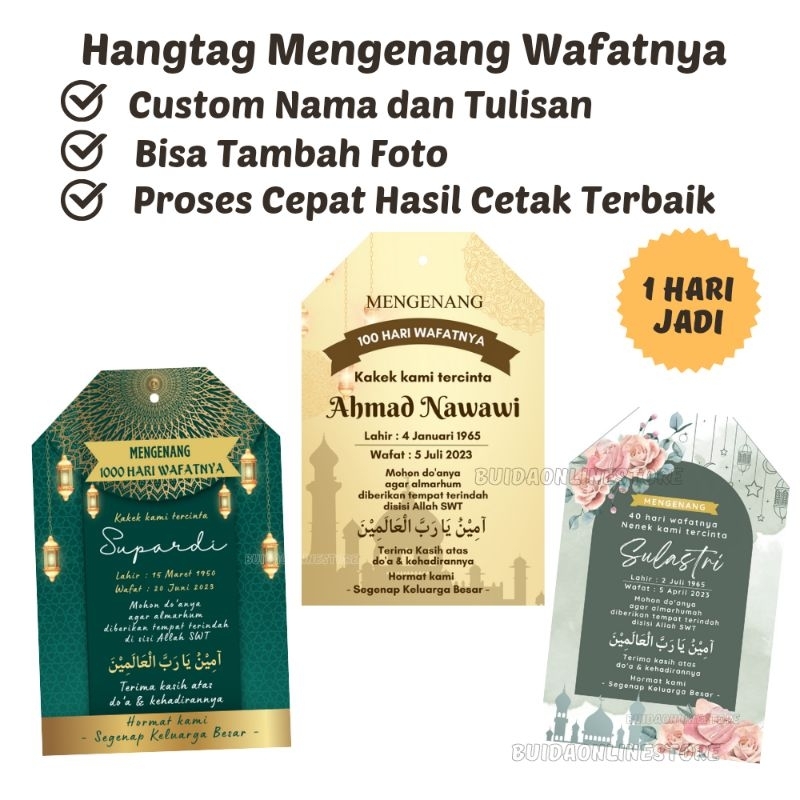 

Hangtag Mengenang 7 40 100 1000 hari wafatnya mendiang label bingkisan tahlil pendak 1 2 3 tahun custom nama tulisan bisa tambah foto tasyakuran selamatan tahlilan souvenir buku yasin tasbih kartu ucapan card gift
