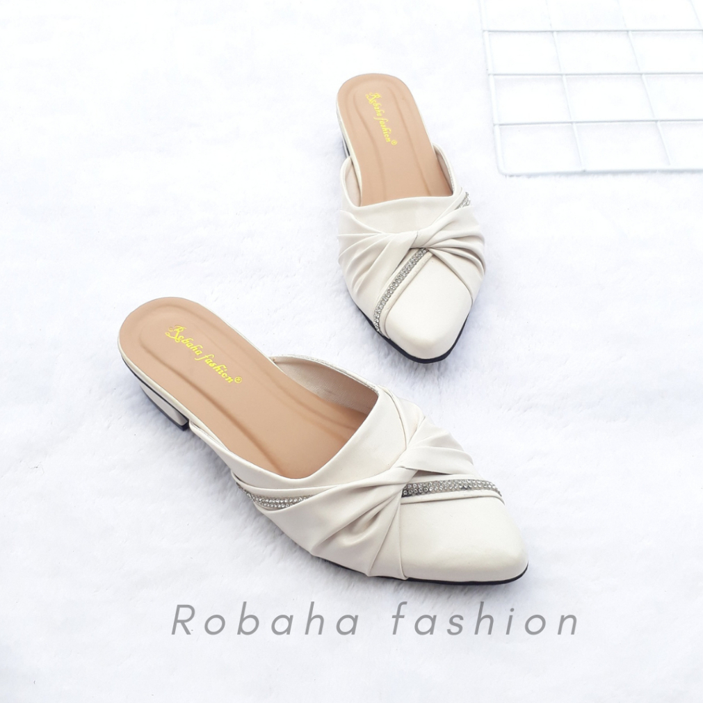 Sepatu Kerja Sandal Wanita Bapau Heels Hak 3cm Kerut Permata/Bustong Selop Chunky Mules Pansus Slip-