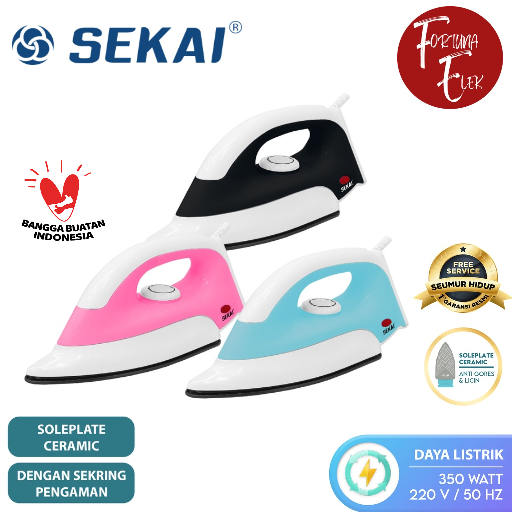 SEKAI Setrika Kering Premium Dry Iron DI - 886 Plat Keramik Ceramic Plate Anti Lengket Gores Hitam Biru Pink