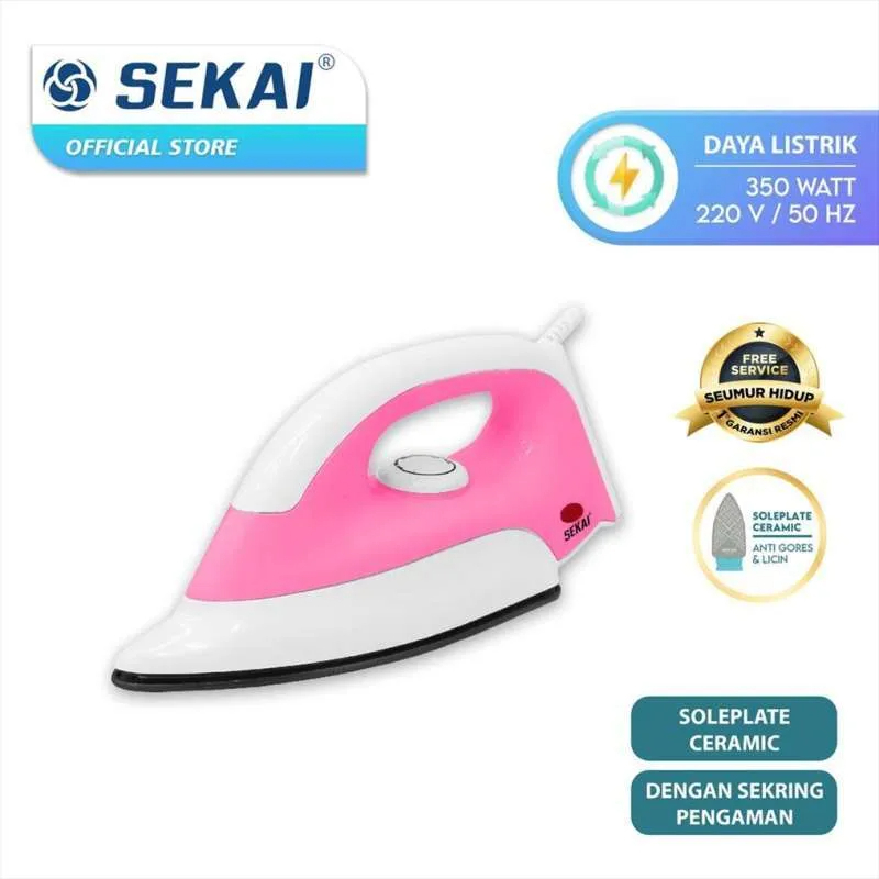 SEKAI Setrika Kering Premium Dry Iron DI - 886 Plat Keramik Ceramic Plate Anti Lengket Gores Hitam Biru Pink