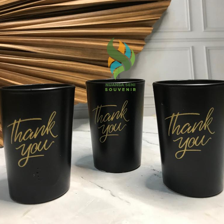 Souvenir Pernikahan Gelas Kaca Glossy Hitam Cangkir Minum Jamu Mug Lowball Custom Sablon