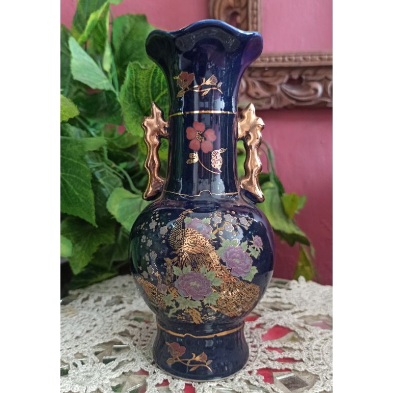 Vas bunga Merak emas leher panjang bergagang emas keramik Antik T:20cm