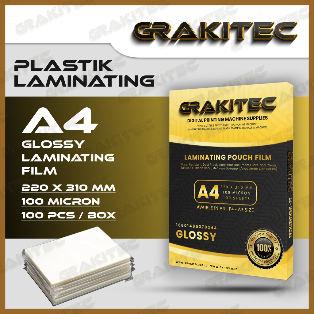 

Plastik Laminating FIlm A4 Glossy 100 MICRON 100 PCS GRAKITEC