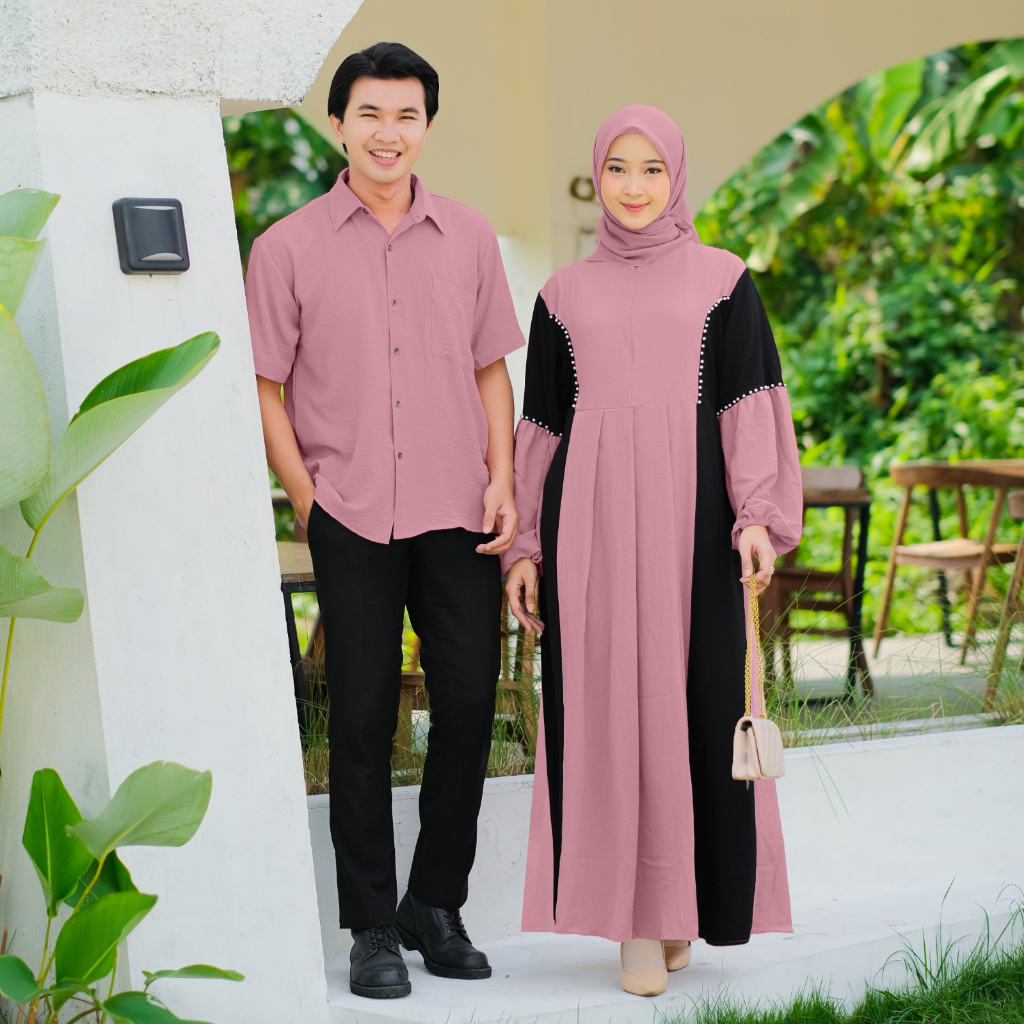 Demore Jelita Couple Gamis dan Koko Pendek Crinkle Airflow Polos Cp Pasangan Muslim Kondangan Mewah