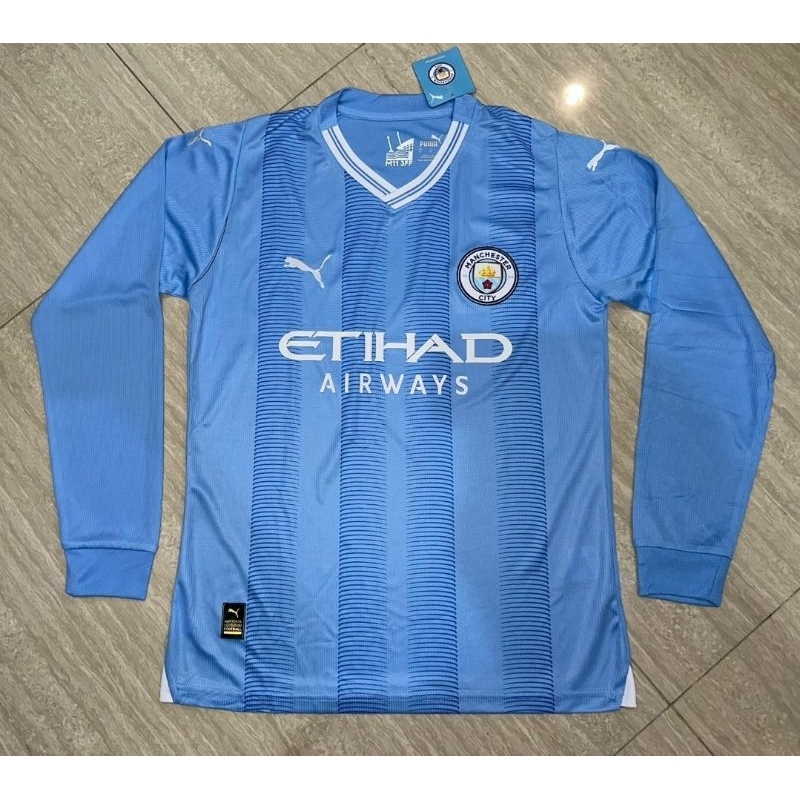 Jersey Kaos Baju Sepak Bola Man Mancester Manchester City Citi Home Biru Muda Lengan Tangan Panjang 