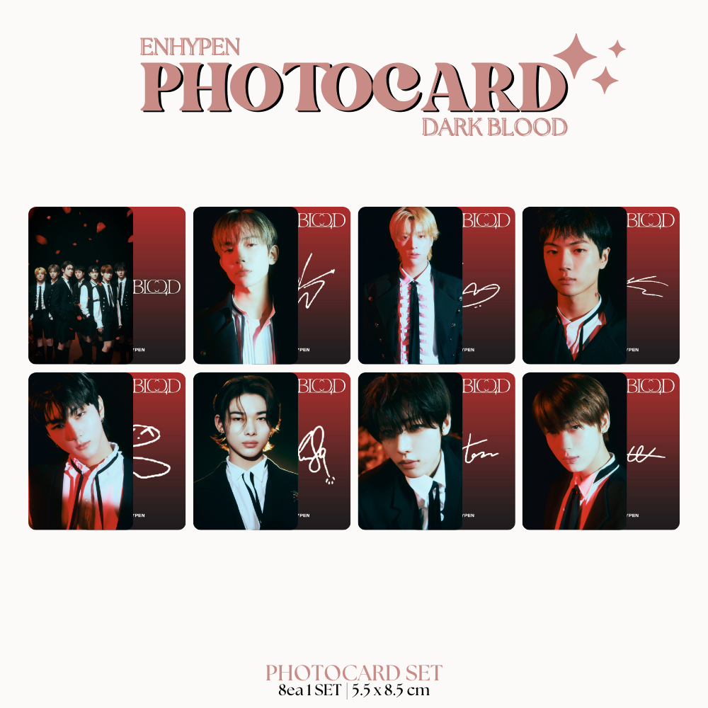 PHOTOCARD ENGENE DARK BLOOD 2SISI (ISI 8 PCS + LAMINASI 2 SISI) TANDA TANGAN TTD KPOP IDOL KOREA PREMIUM MURAH UNOFFICIAL HEESEUNG JUNGWON JAY JAKE SUNGHOON SUNOO NIKI READY STOCK !