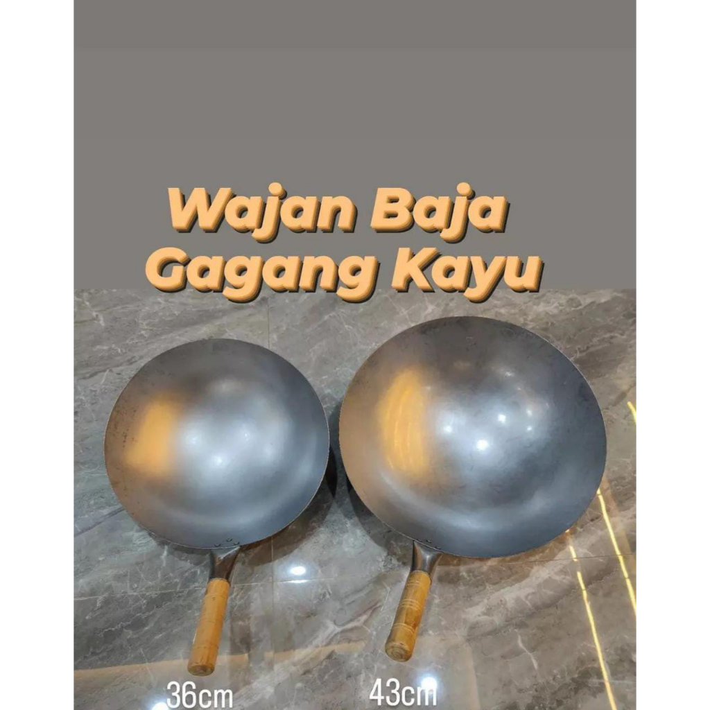 Wajan baja gagang kayu ukuran 36 cm dan 43 cm/wajan baja/kuali baja/kwali baja/penggorengan baja