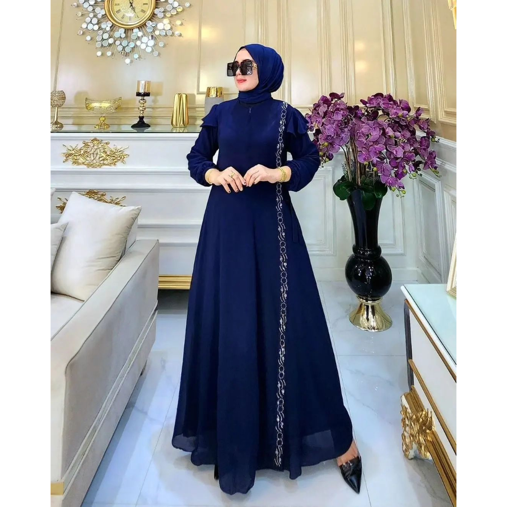 [COD]Davia Dress Gamis Kondangan Terbaru / Ceruty Babydooll Mix Aplikasi Mutiara / Fashion Wanita Muslimah /Gamis Pesta Terbaru