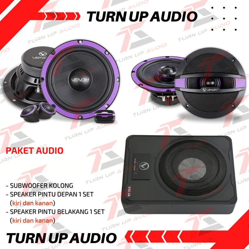 Paket audio mobil venom vertigo speaker depan belakang venom + subwoofer kolong vx8.2a speaker venom