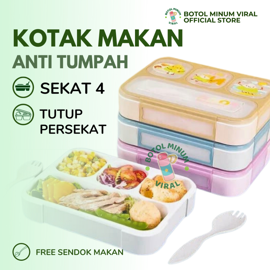 Kotak Makan Anti Tumpah 4 Sekat Karakter Anak TK SD Microwave Safe