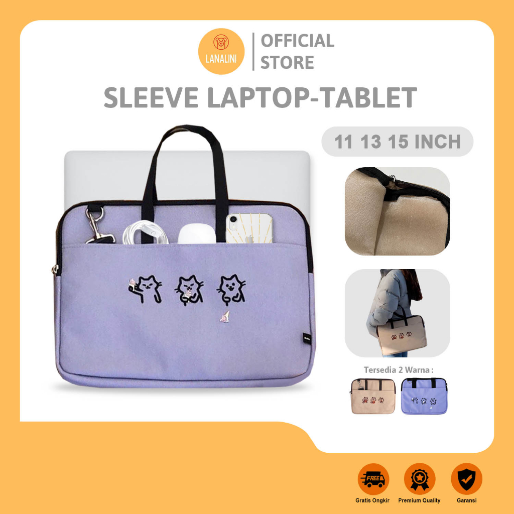 Tas Laptop Universal Jinjing Selempang Sleeve Pouch Soft Case Bag Cover Leptop Asus Vivobook Zenbook Acer Swift 11 12.9 13 13.3 14 15 Inch Warna Coklat Brown Ungu Purple Motif Gambar Kartun Beruang Lucu Cewek Wanita Korea Compartment Slot