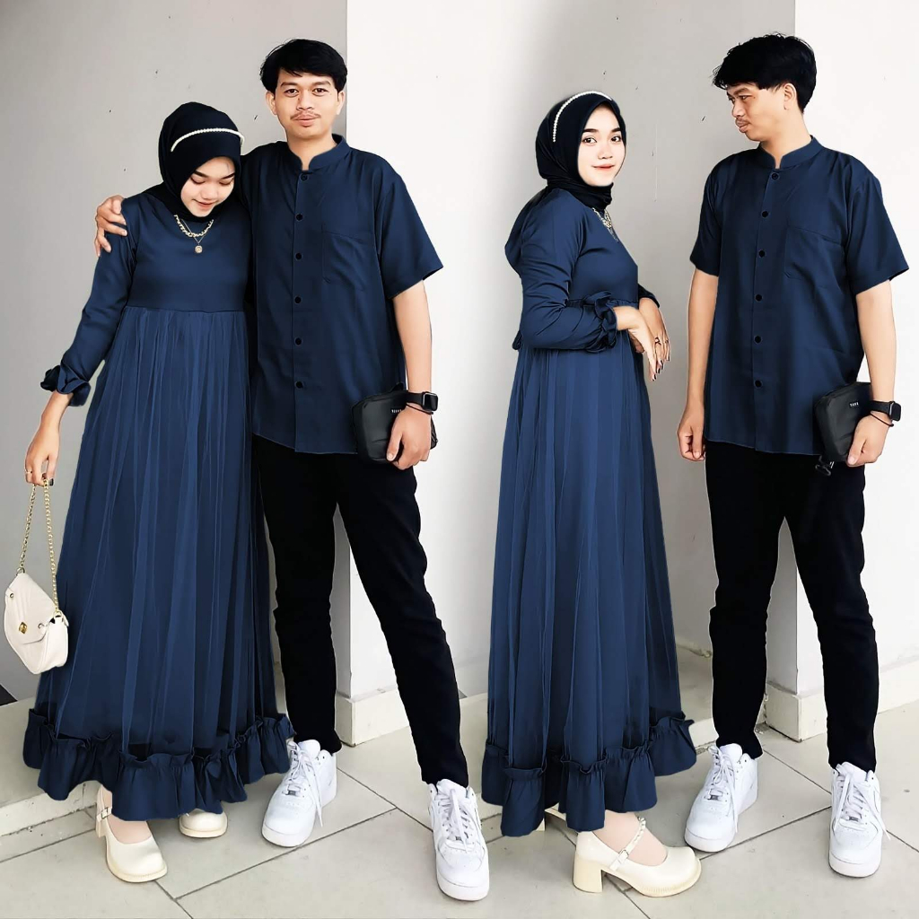 ELDE 12 - Couple Marhaban Bahan Shakila Full Lapis Tile Maxi Sleting Belakang Ada Tali Ikat Nempel Kiri Kanan + Kemeja Ada Saku