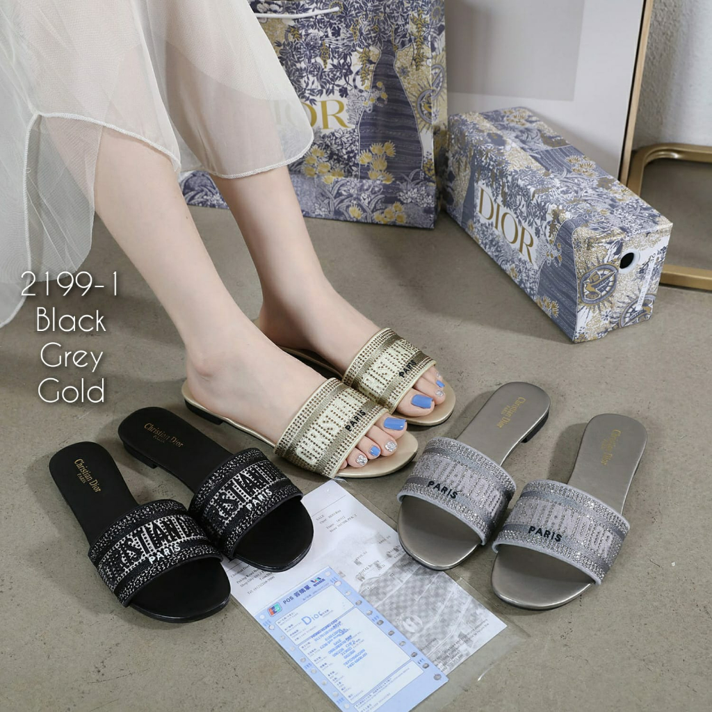 New Arrival Sandal Wanita IMPORT SET Slipper Slop Flat Nyaman Manik2 Kode : 2199-1