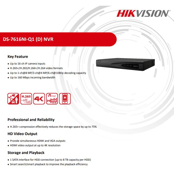 NVR HikVision DS-7616NI-Q1 1U 4K NVR Up To 16-ch IP Camera Inputs