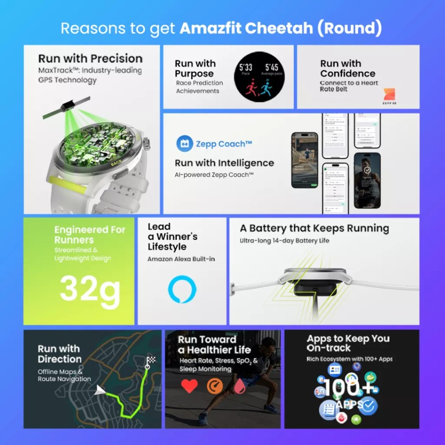 Amazfit Cheetah Smartwatch AMOLED Running Tracker AI GPS MaxTrack