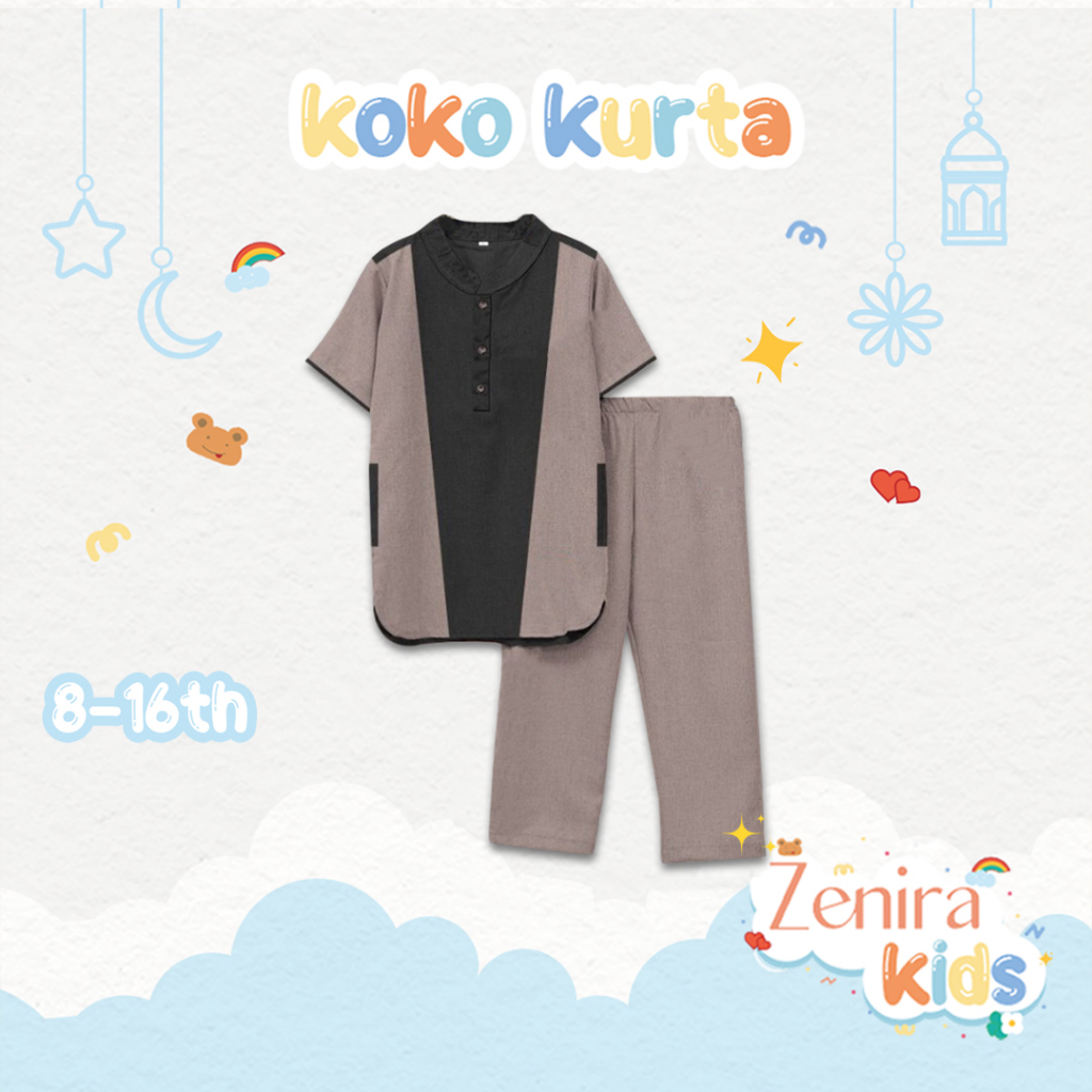 Zenira Official | Baju Muslim Setelan Koko Anak Usia 8 - 16 Tahun-Light Mocca - Black