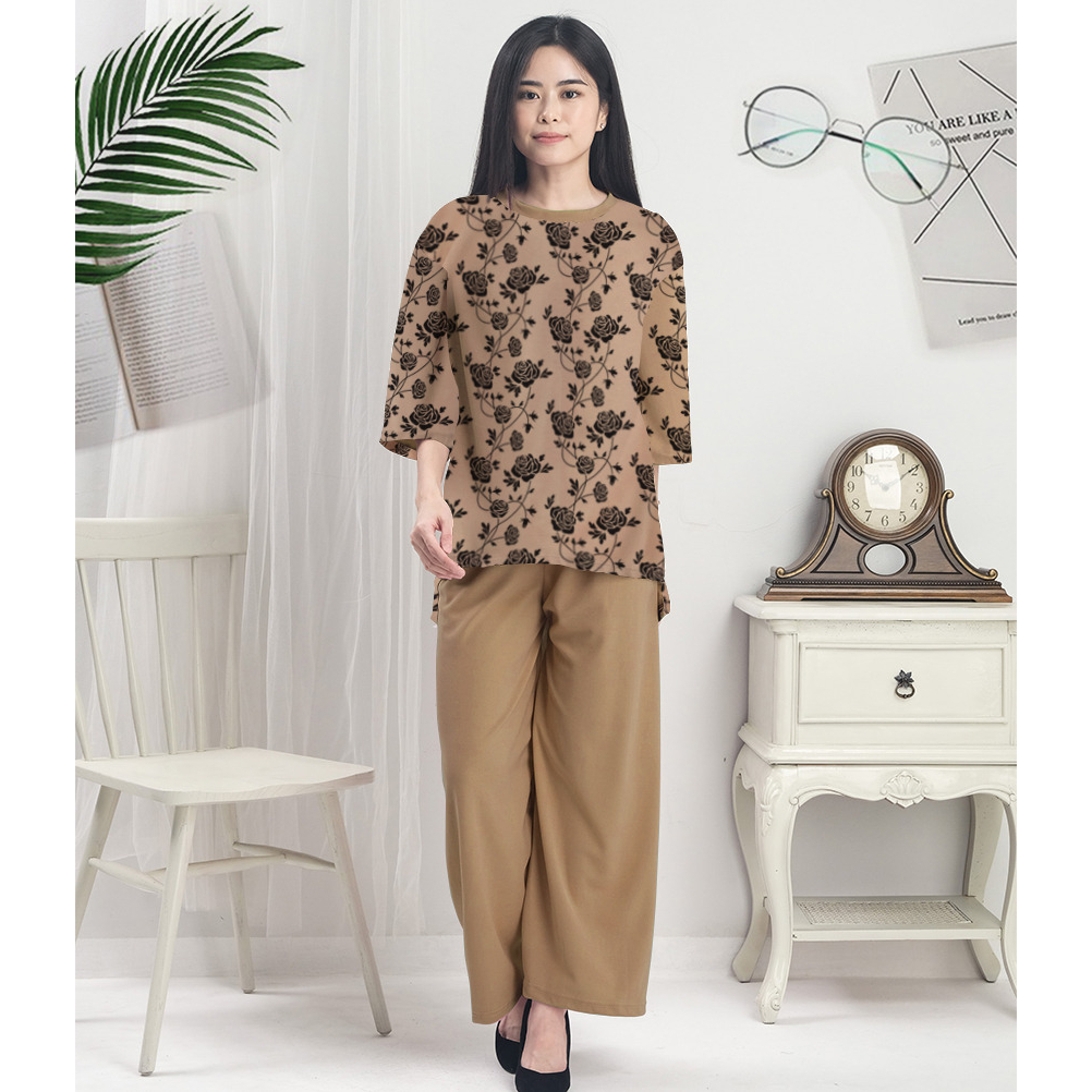 RILLO - Baju Setelan Celana Wanita Motif Rose Flower