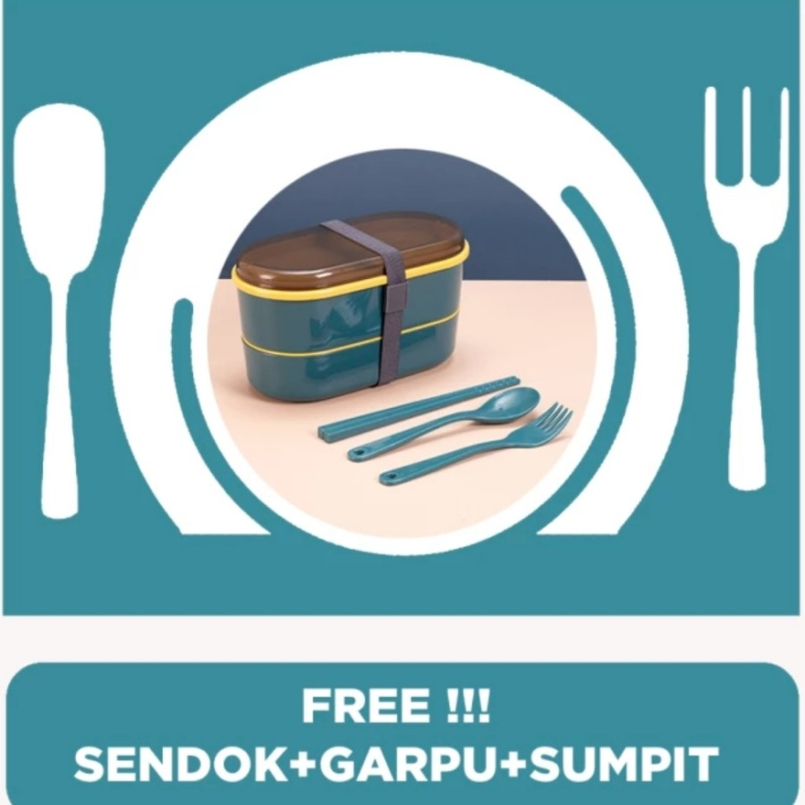 Double Lunch Box Susun Kotak Bekal Makan Siang Bento Set Sendok Tali A