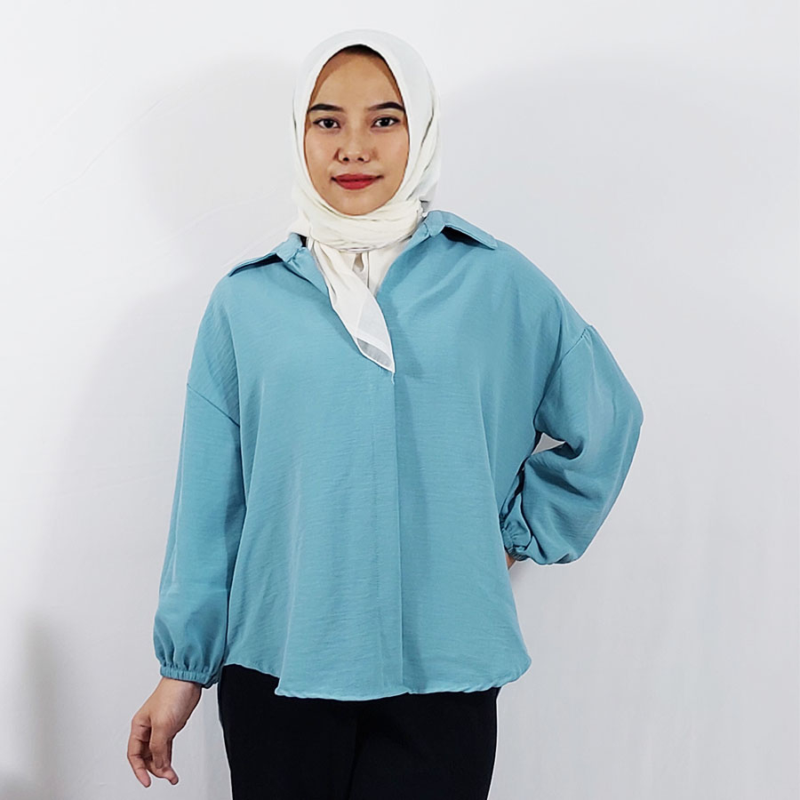 CARLINA KEMEJA BLOUSE WANITA CLAUDY VARIASI KANCING BELAKANG LENGAN BALON YENI CRINKLE KATUN